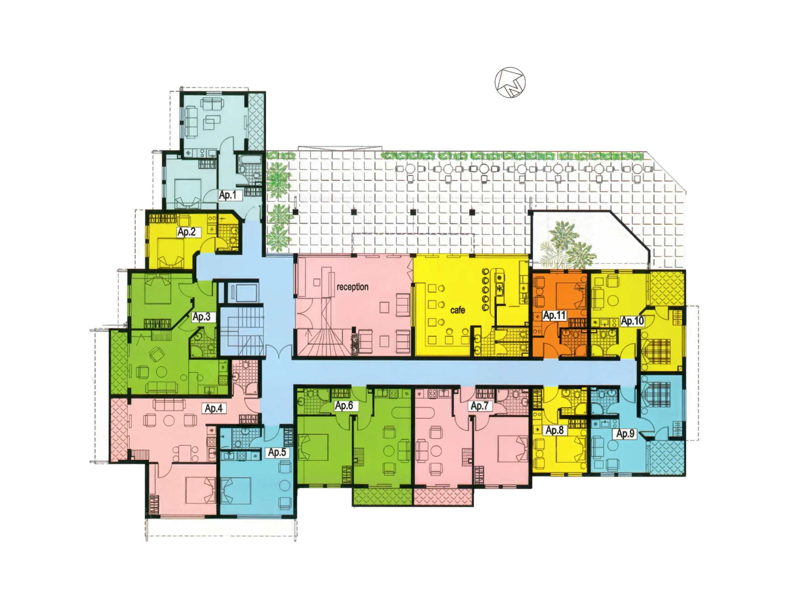 Ground floor plan — Apartment 1 highlighted
