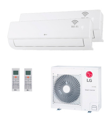 LG two-room multi-split system — two indoor units and one shared outdoor unit, illustrative image